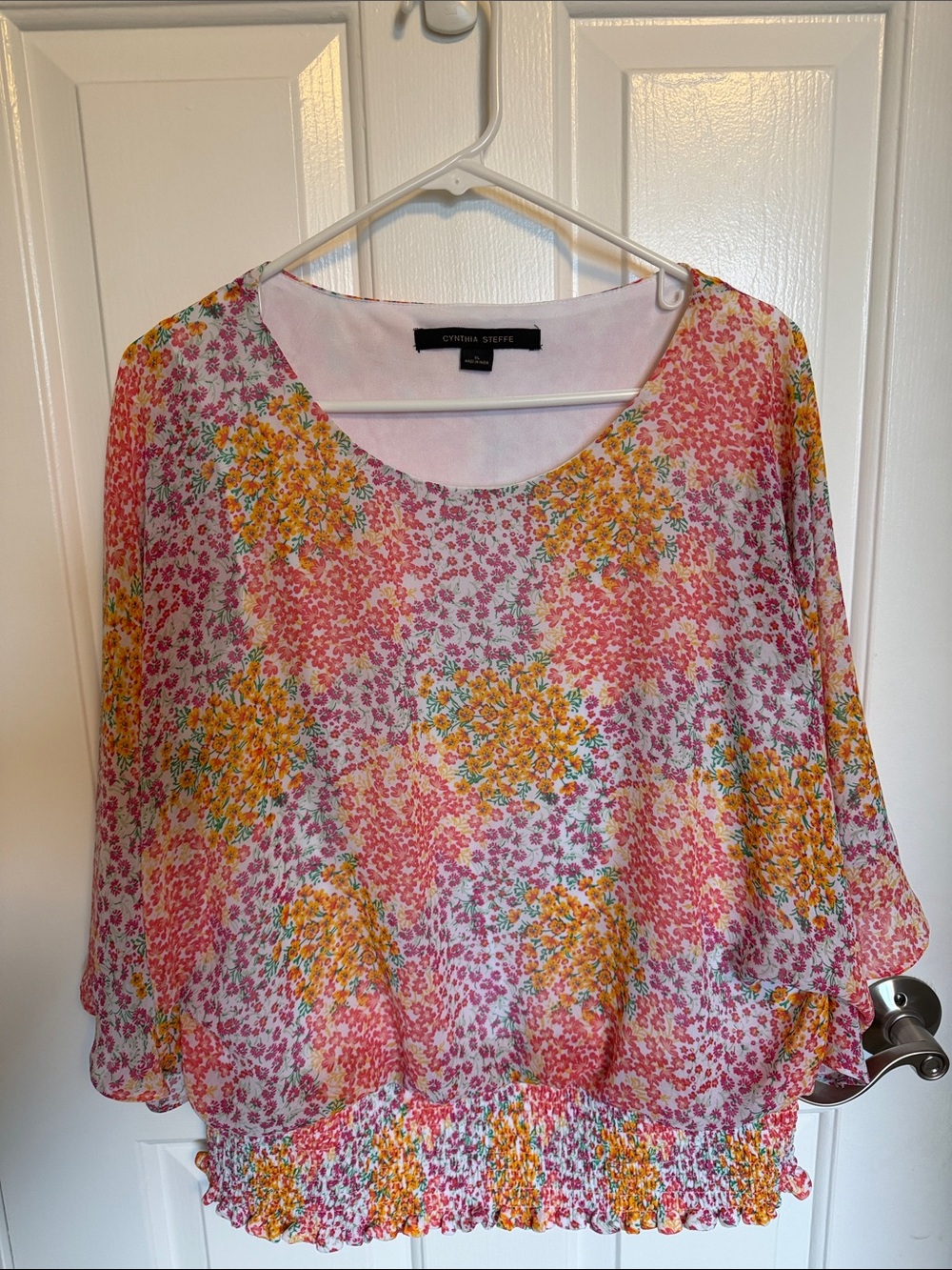 Cynthia Steffe Pink Floral Chiffon Blouson Top with Yellow Accents